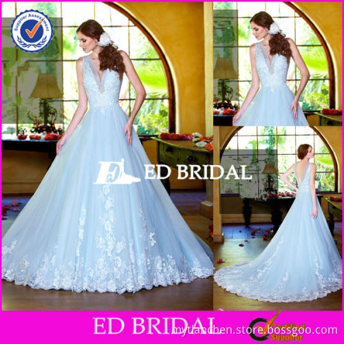 XL274 new style cap sleeve deep v neckline lace applique puffy skirt royal blue and white backless wedding gown